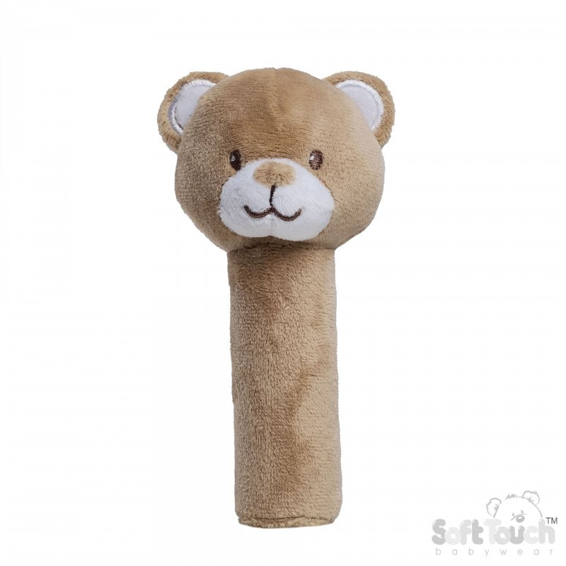 Bear head Squeaky Rattle Stick in brown for baby.