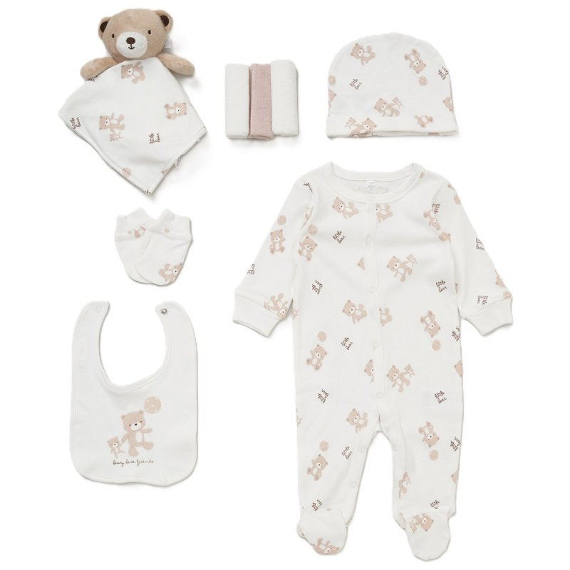 bear print baby gift set including comforter, bib, washcloths, mittens, hat and bodysuit