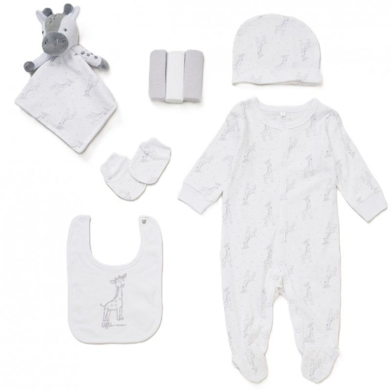 baby gift set with comforter, mittens, bib, hat, bodysuit 3 washcloths. Giraffe unisex grey and white theme.