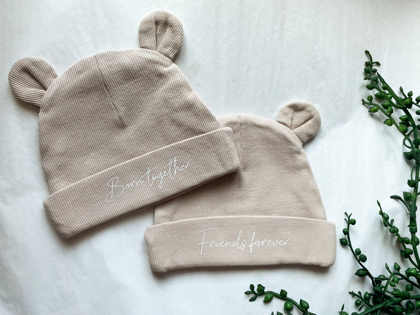 Beige baby bear hats 0-6M born together friends forever quote