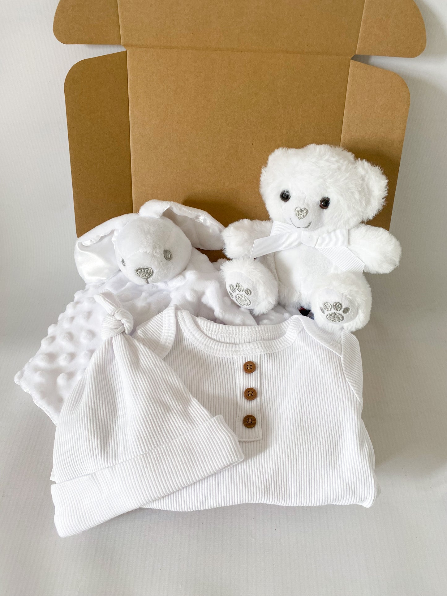 All White Newborn Gift Box | Baby Hospital Outfit | Cuddle Toy