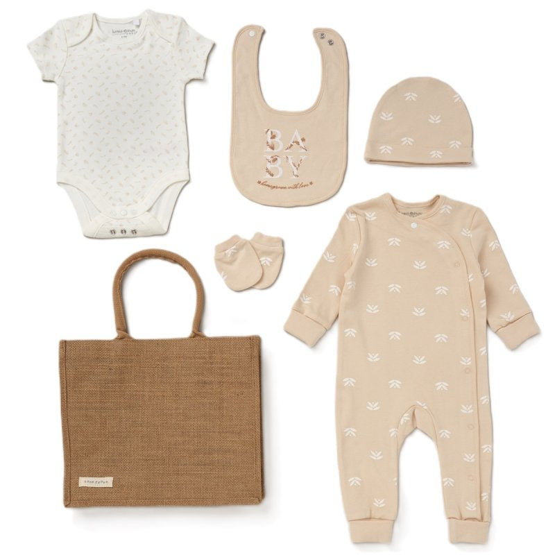 5 piece baby outfit gift set in beige including footless sleepsuit, hat, bib, mittens and vest.