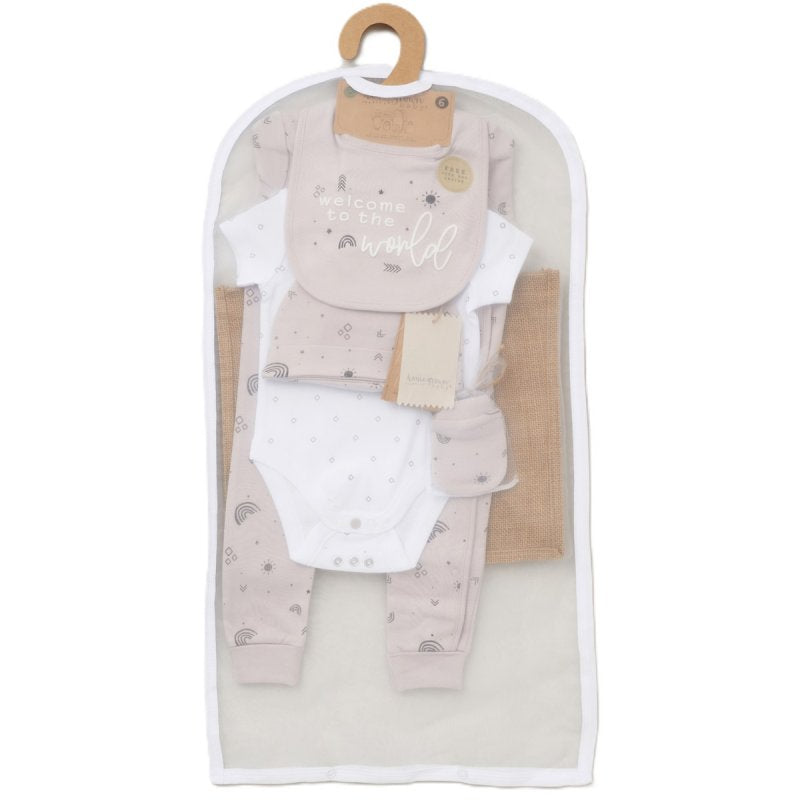 Baby gift set items including hat, mittens, vest, sleepsuit and tote bag in mesh bag