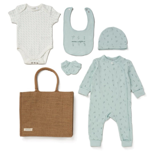 baby outfit gift set including tote bag by home grown. 5 piece set including hat, vest, sleepsuit, bib and mittens in mint colour.