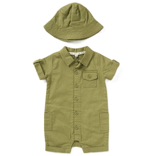 Toddler Khaki Safari Summer Outfit - Romper and Sun Hat