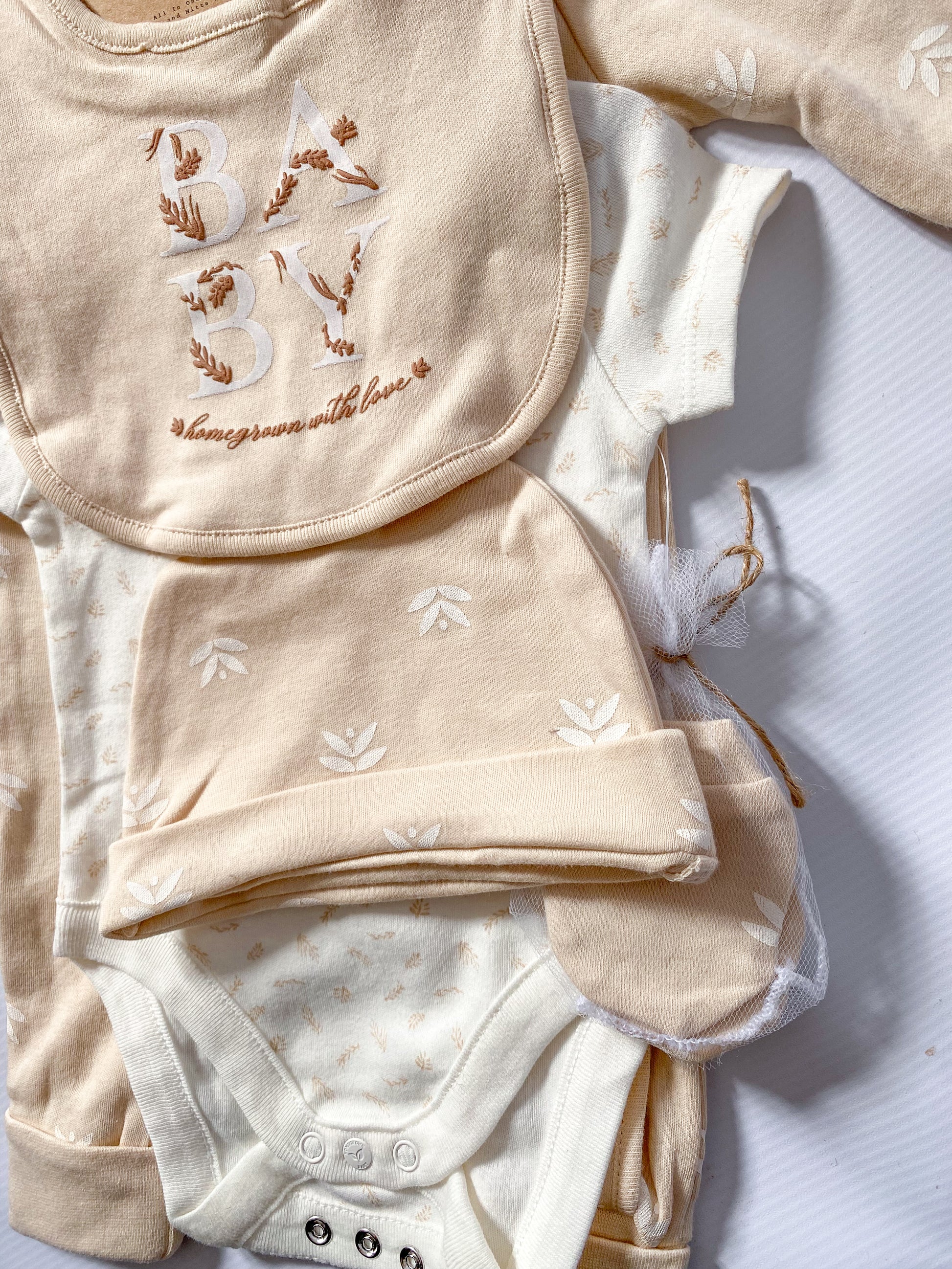 homegrown with love baby outfit gift set in beige and cream