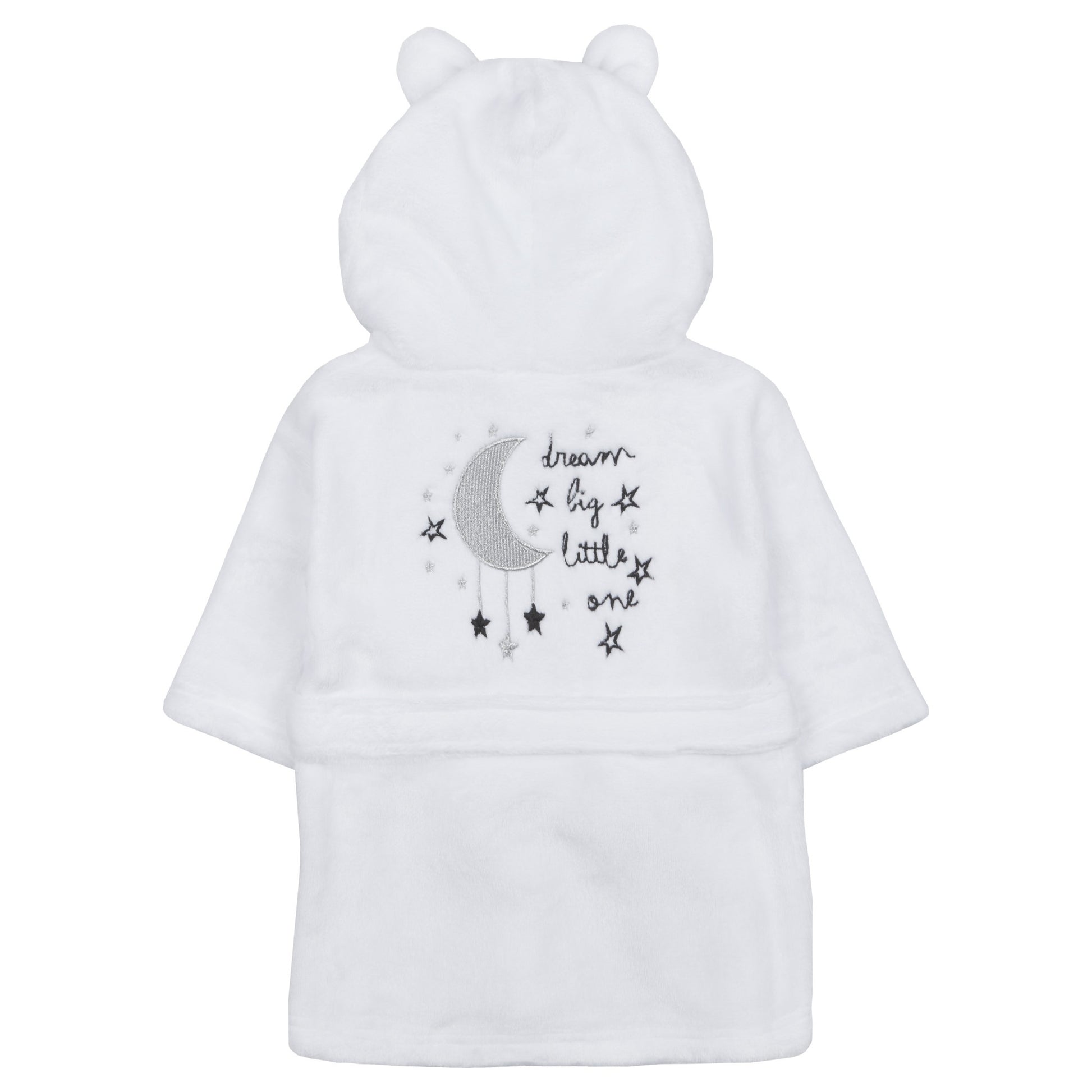 Back of white baby bathrobe. Embroidered moon with stars and text ‘dream big little one’.