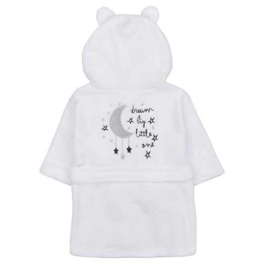 Back of white baby bathrobe. Embroidered moon with stars and text ‘dream big little one’.