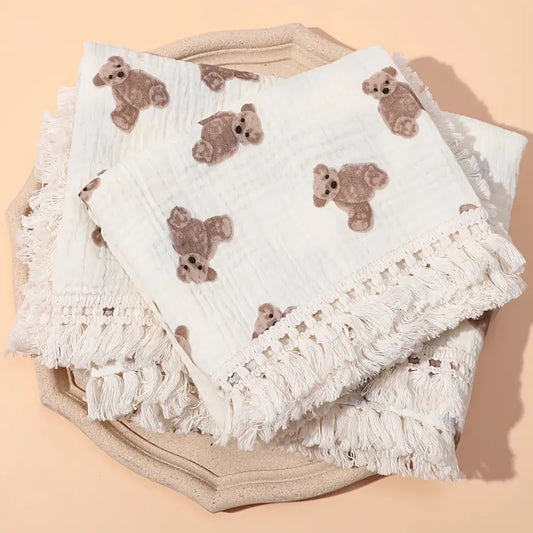 Bear Print Muslin Blanket W/ Tassels