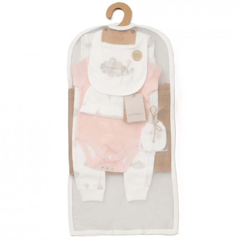 Baby gift set items including hat, mittens, vest, sleepsuit and tote bag in mesh bag