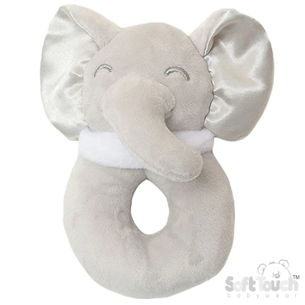 Grey elephant ring rattle with grey satin ears and plush velvet body. 