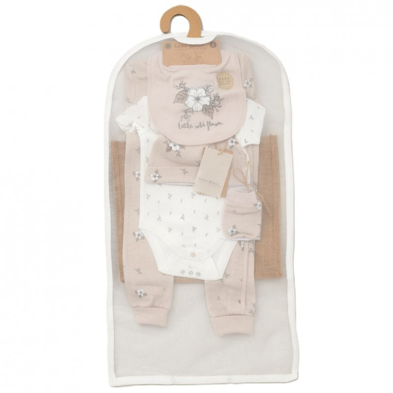 Baby gift set items including hat, mittens, vest, sleepsuit and tote bag in mesh bag