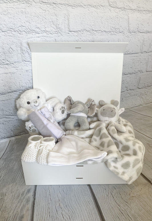 Newborn Gift Hamper Box | Unisex White & Grey - Luxe