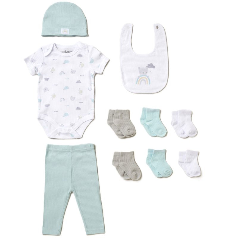 BABY UNISEX RAINBOW BEAR 10 PC OUTFIT GIFT SET (NB-6 MONTHS)