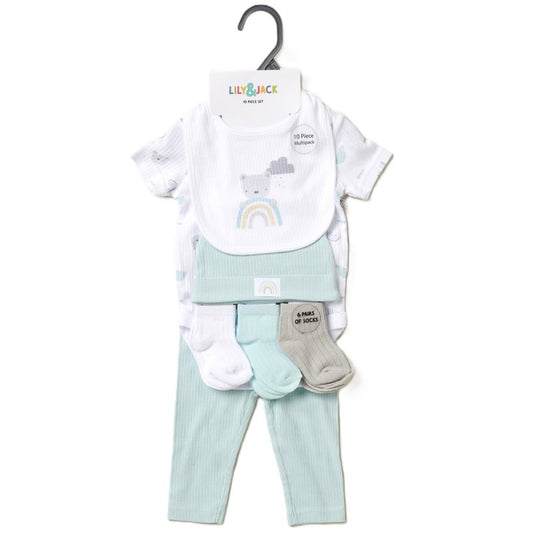 BABY UNISEX RAINBOW BEAR 10 PC OUTFIT GIFT SET (NB-6 MONTHS)