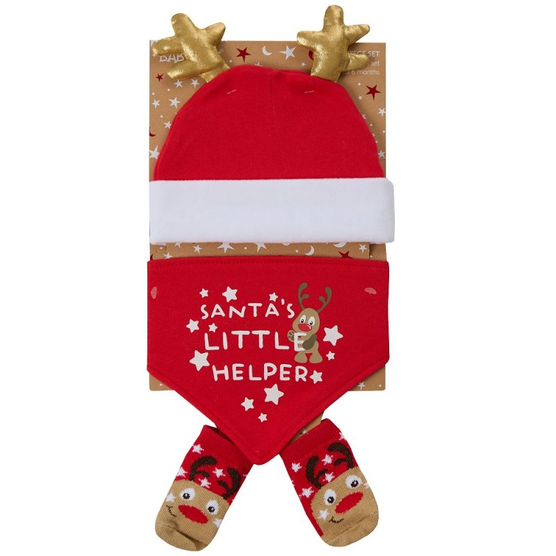 BABY XMAS REINDEER HAT, BIB & SOCKS SET (0-6 MONTHS)