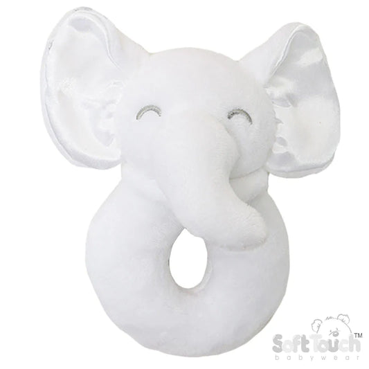 White elephant ring rattle with satin ears and plush velvet body. 